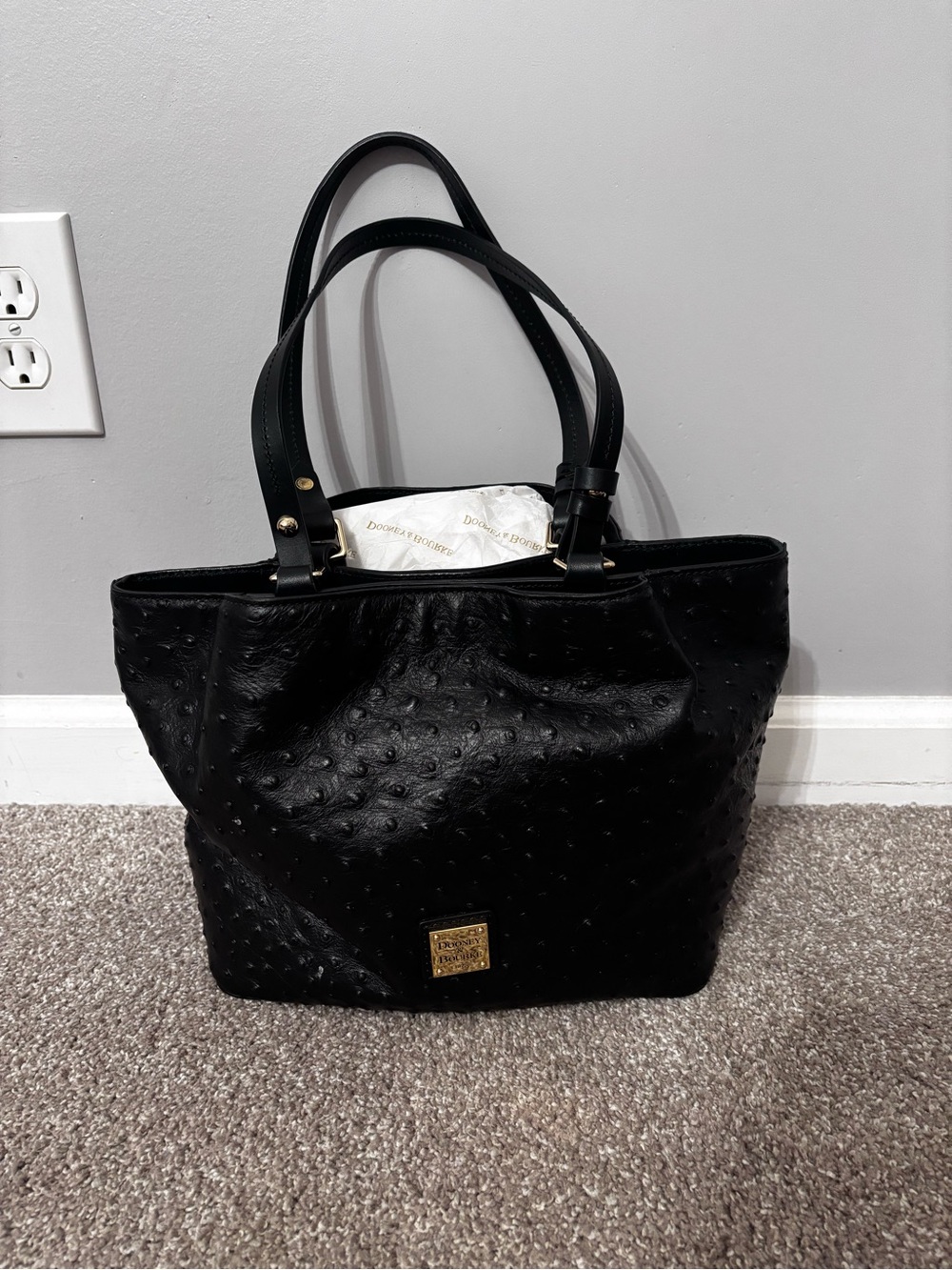 Dooney & Bourke Black Ostrich-Embossed Tote with Gold Plaque